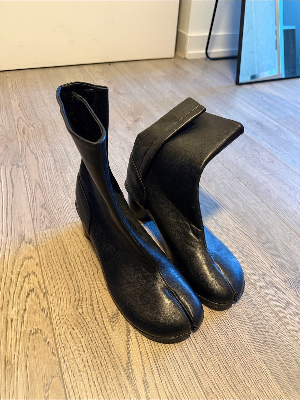 Black Split-Toe Leather Ankle Boots - Women's